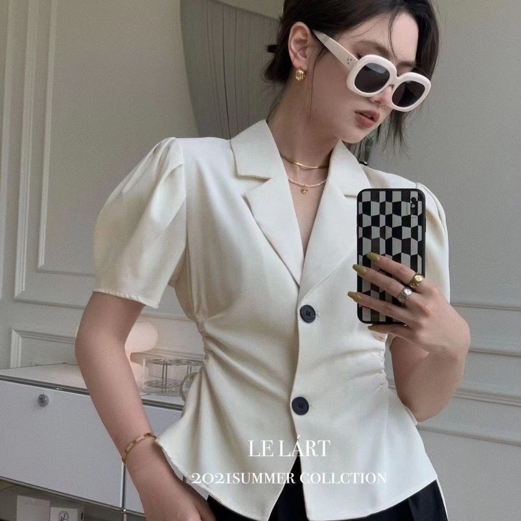 Áo Kiểu Tay Ngắn Màu Trơn Phối Dây Rút Phong Cách Thời Trang Hàn Quốc Cổ Điển