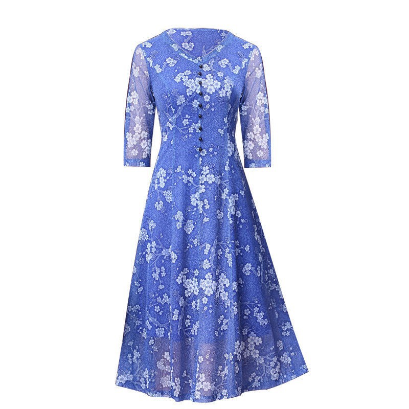 BL☊Middle aged fashion☢❉☈Váy liền in họa tiết voan, 5 Tay Lỡ Mùa hè mẫu mới 2021, chữ A Phong cách Trung Quốc cổ đi