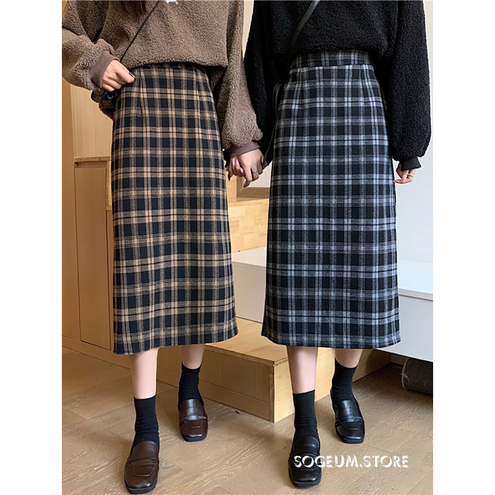 Chân váy dài chữ A lưng cao họa tiết sọc caro xẻ tà phong cách retro sogeum.store | BigBuy360 - bigbuy360.vn