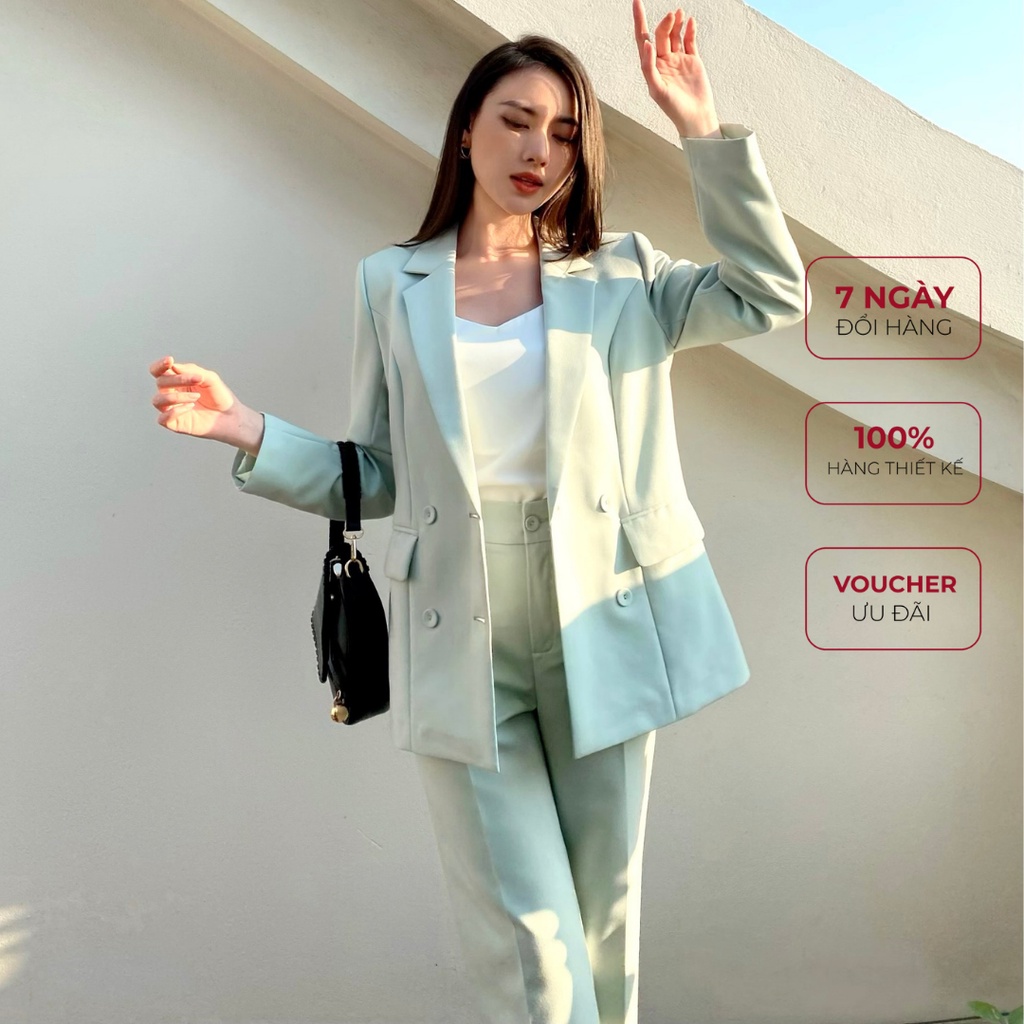 Set blazer nữ Ivory Maiimer màu xanh bơ quần ống suông