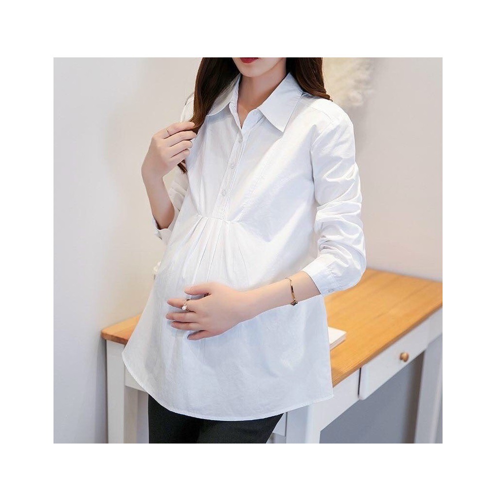 Áo Bầu sơ mi trắng dài tay - ẢNH THẬT - chất mềm đẹp - form mặc đến sinh