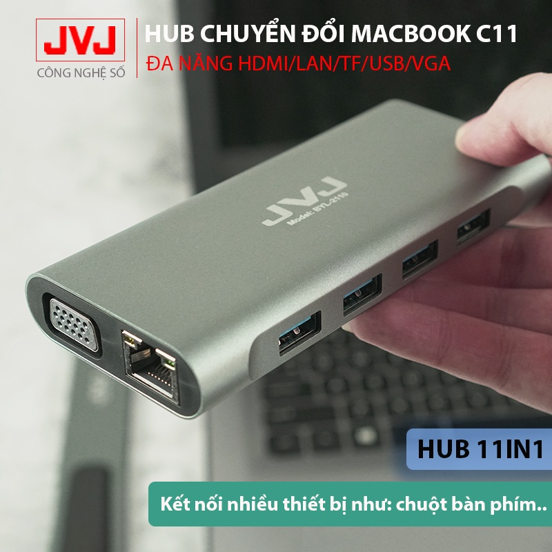 Hub chuyển đổi Macbook JVJ C11 cổng TypeC 11in1 sáng HDMI 4K, VGA, USB - C 3.0, cổng lan RJ45, TypeC 3.5mm BH 2 năm1đổi1 | BigBuy360 - bigbuy360.vn