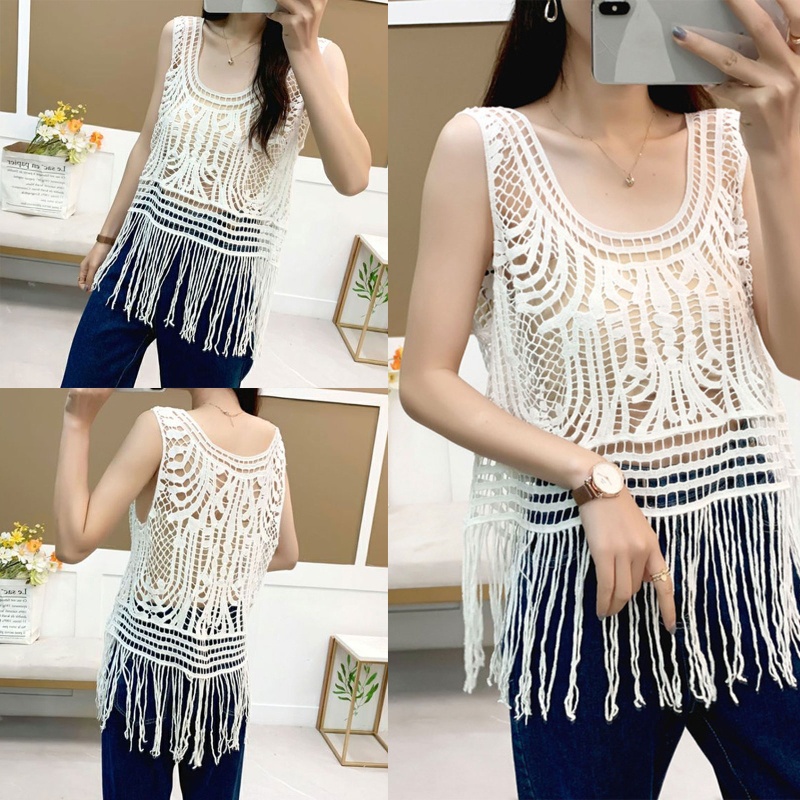 Brroa Áo Tank Top Dệt Kim Dáng Rộng Họa Tiết Hình Học Khoét Rỗng Phối Tua Rua Thời Trang Mùa Hè Đi Biển Cho Nữ