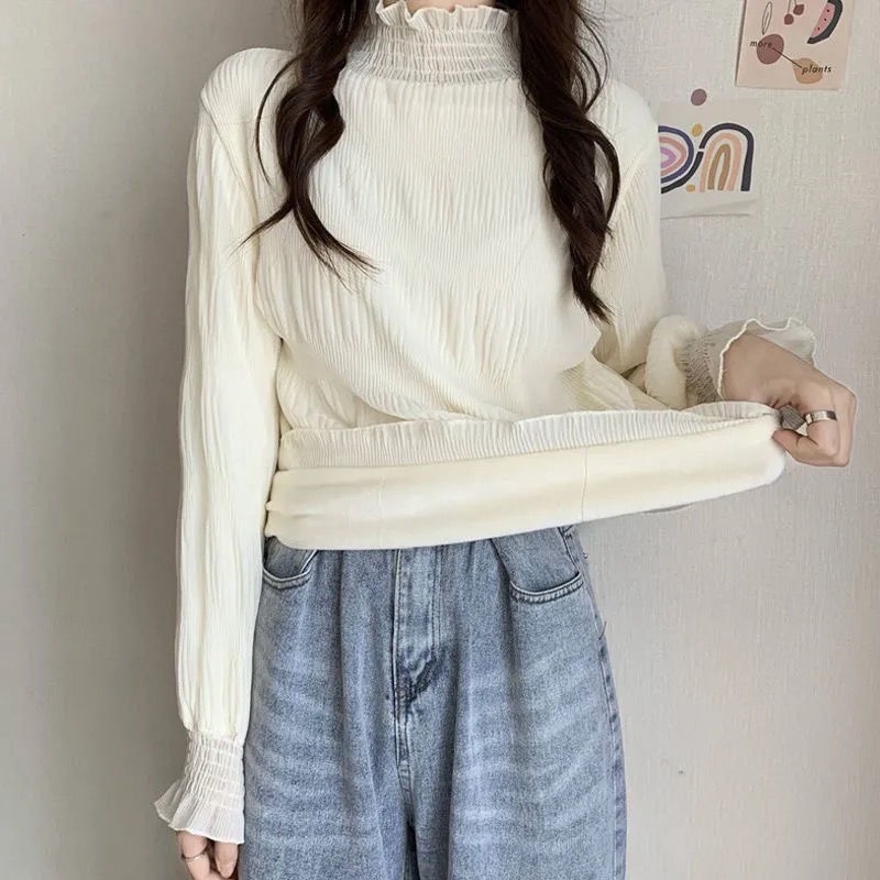 Áo sơ mi cổ cao lưới ren tay dài dáng rộng phong cách thu đông thời trang cho nữ