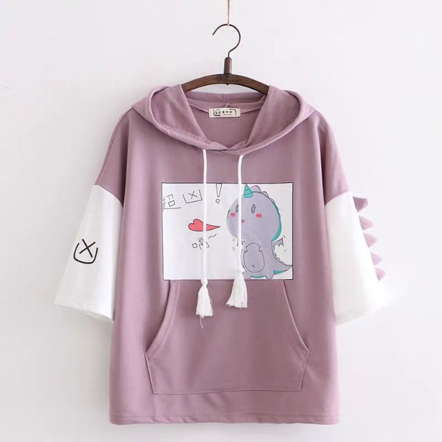 Áo thun khủng long hoodie có mũ ngắn tay