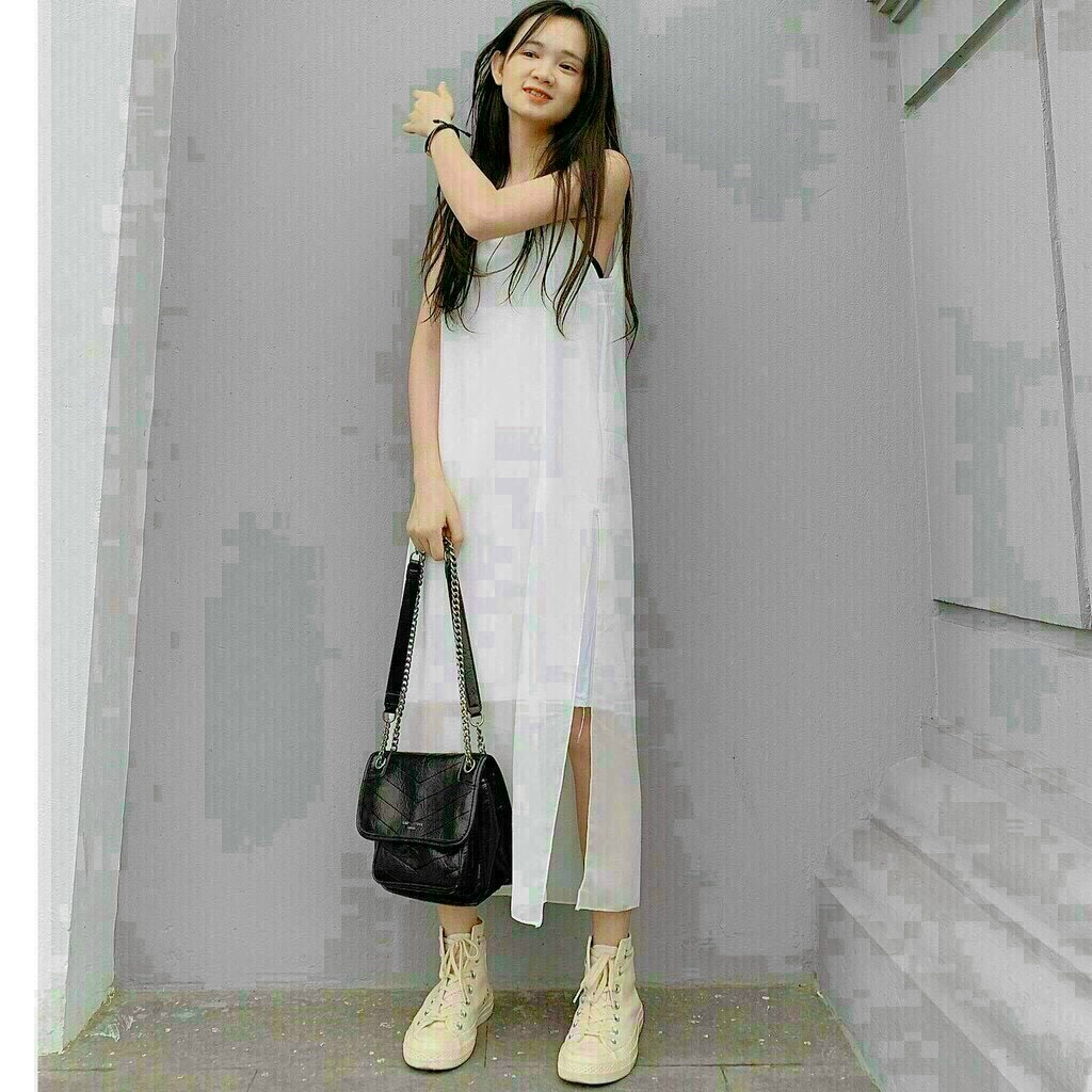 [9.9  Sales Freeship] Đầm voan basic trơn màu 2 dây xẻ tà, đầm maxi cổ vuông dáng dài qua gối đơn giản xinh xắn