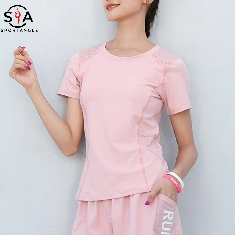 Áo thun thể thao kiểu dáng tay ngắn màu đơn sắc cá tính cho nữ