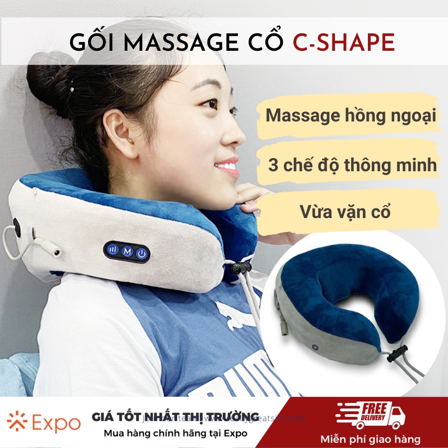 Gối C-shape massage cổ vai gáy, máy massage cổ hồng ngoại trị liệu pin tích điện cao cấp Expo Official