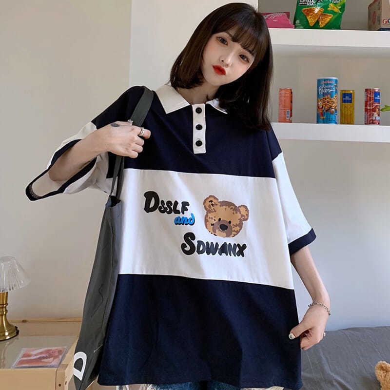 Áo Thun Polo Dáng Rộng In Hình Gấu Kiểu Nhật Bản Thời Trang Mùa Hè Cho Nữ