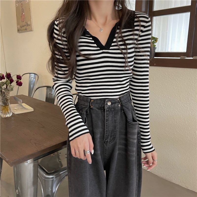 SUXI Áo Polo Dệt Kim Kẻ Sọc Màu Sắc Tương Phản Phong Cách Hàn Quốc Cho Nữ