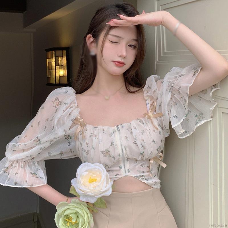 Áo voan tay ngắn phồng cổ vuông in họa tiết hoa nhí xinh xắn thời trang cho nữ