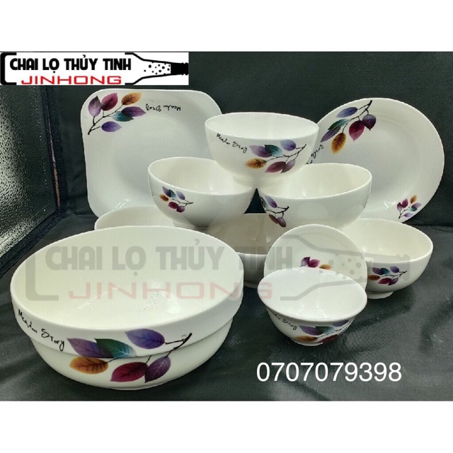 BỘ CHÉN BÁT 11 MÓN- IN HOA VĂN NỔI HÌNH LÁ