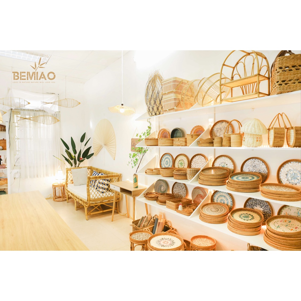 Khay mây tre đan khảm trai hình tròn cao cấp, đựng đồ đa năng hàng thủ công xuất khẩu Decor trang trí nhà