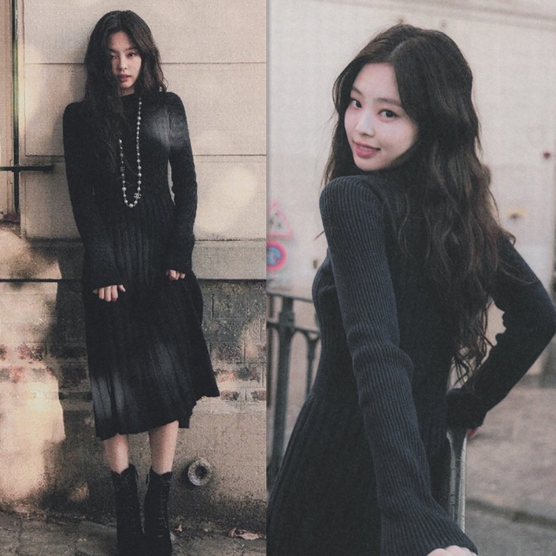 Váy dài đen len tăm tay dài gân Jennie