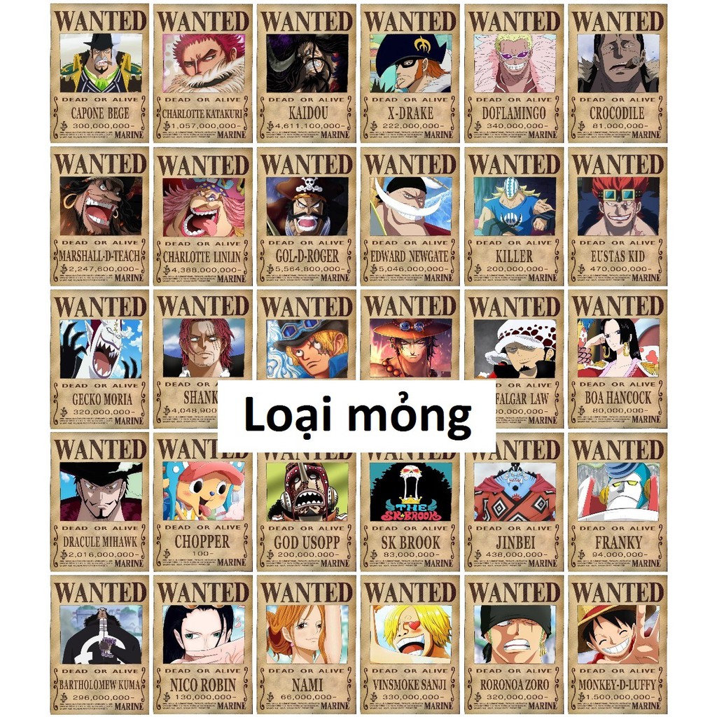 Combo 30 tấm truy nã Onepiece wanted poster loại mỏng