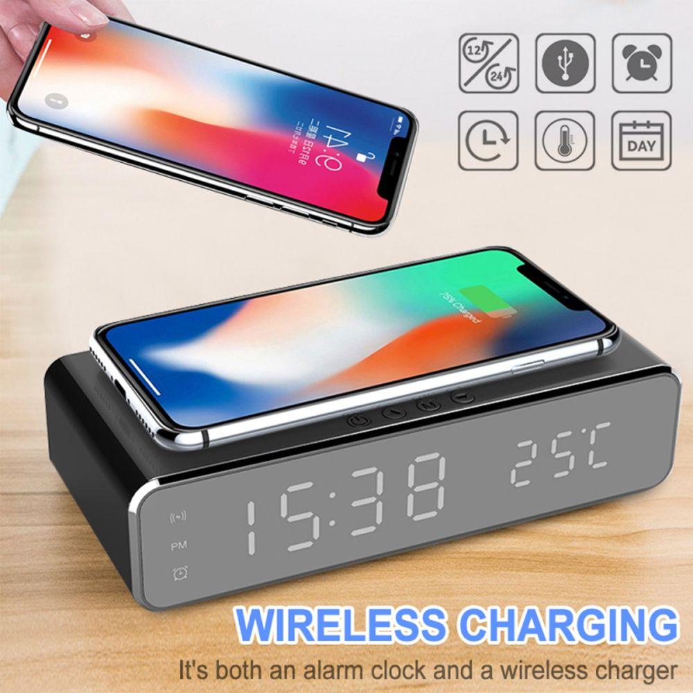 Sạc Điện Thoại Không Dây Kiêm Đồng Hồ Báo Thức Màn Hình Led Tích Hợp Đài FM