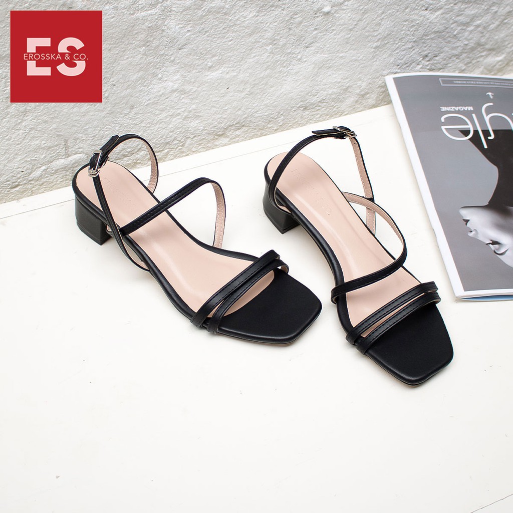 [Mã WABRTL3 -10% đơn 250K]Giày sandal cao gót Erosska mũi vuông quai ngang cao 3cm màu đen - EB031