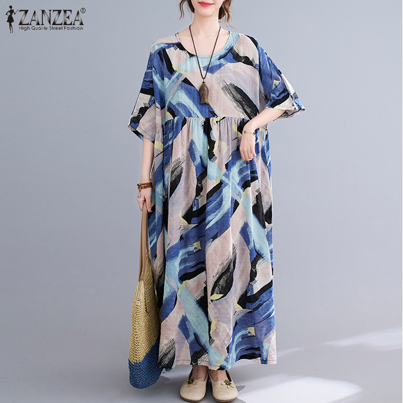 Đầm Maxi ZANZEA Ngắn Tay In Họa Tiết Hình Học Sành Điệu Cho Nữ