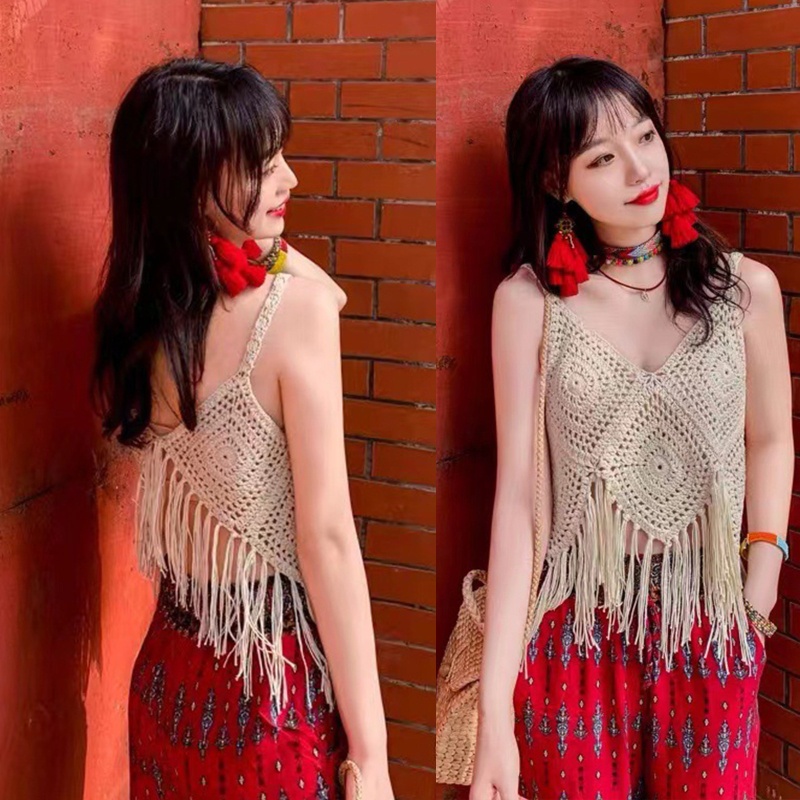 Brroa Áo Croptop Không Tay Cổ Chữ V Khoét Sâu Họa Tiết Kim Cương Phong Cách Boho Quyến Rũ Cho Nữ
