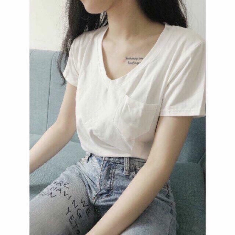 Áo Phông Nữ Cổ Tim Túi Freesize Trắng Đen -Áo Phông Giấy From Rộng