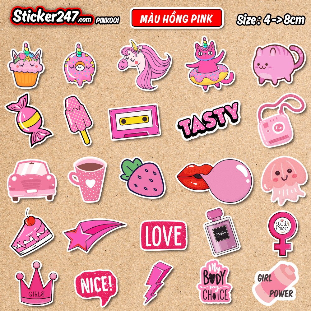 Sticker Màu Hồng Pink [1] 💖𝑭𝒓𝒆𝒆𝒔𝒉𝒊𝒑 Chống nước, Sticker dán laptop, điện thoại, đàn guitar, mũ bảo hiểm, vali  ▪️ COL01