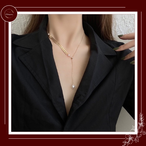 Vòng cổ nữ dáng dài hình lúa mì kết hợp hạt ngọc đơn giản thanh lịch sang trọng vintage VC08