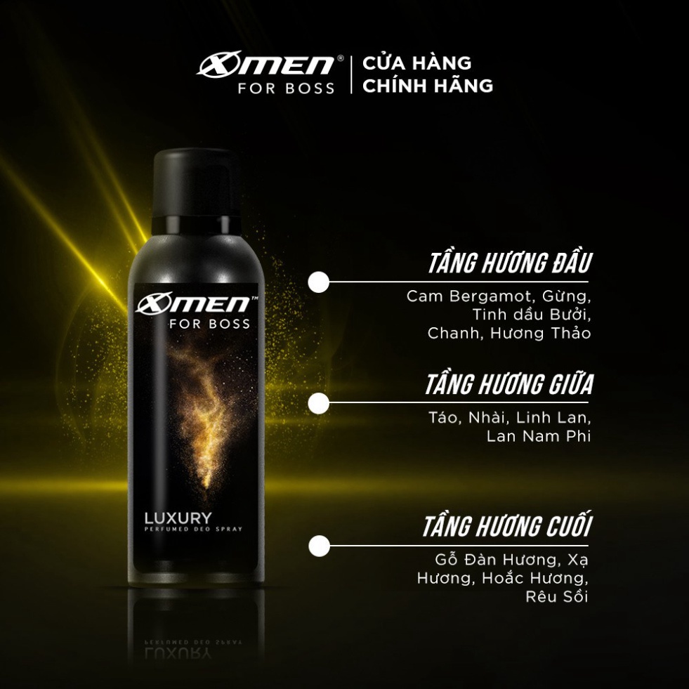 Xịt khử mùi toàn thân Xmen For Boss  thể tích 150ml/chai đủ màu: Đỏ - Intense, Vàng - Luxury, Xanh - Motion.