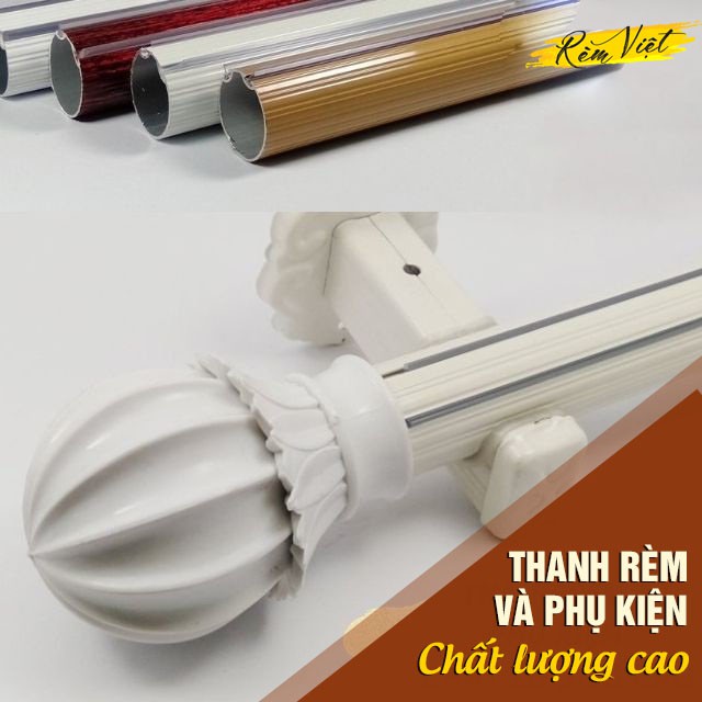 Phụ kiện rèm cửa đầy đủ bao gồm thanh treo rèm vải, núm vén rèm, trụ tường, đầu bịt trang trí thanh