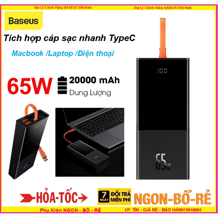 Pin Dự Phòng Sạc Siêu Nhanh 65W 20000mAh Cho Macbook , Laptop , Điện Thoại. Tích Hợp Cáp Sạc, Baseus Elf PPJL000001