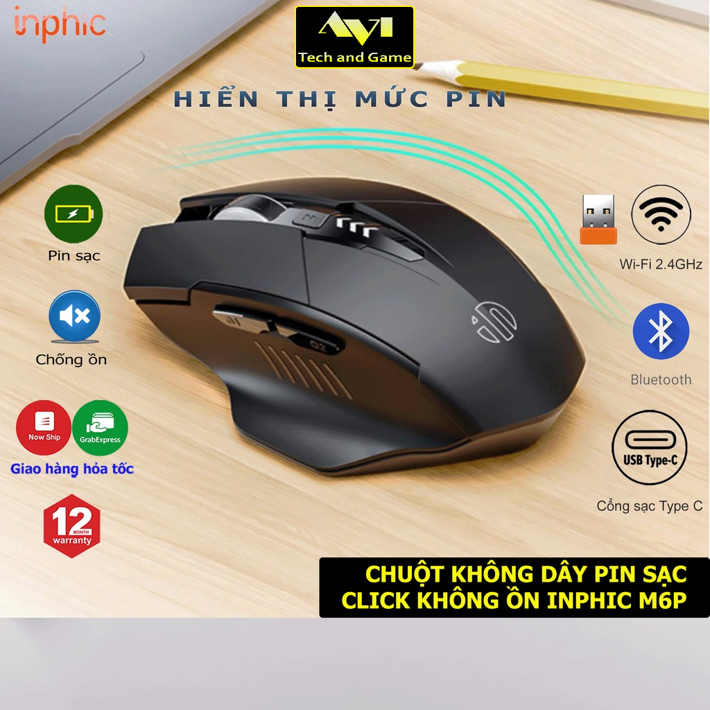 Chuột không dây Bluetooth pin sạc inphic PM6 chống ồn - Hàng Chính Hãng