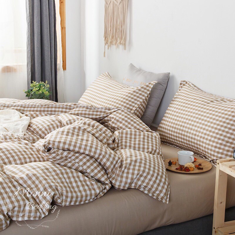 BỘ CHĂN GA GỐI POLY COTTON CARO NÂU CỰC XINH MẪU MỚI 2020