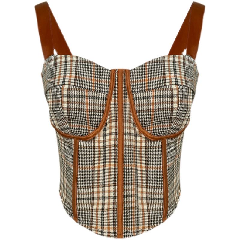 Jiashucheng Áo Nịt Eo Ngắn Ôm Dáng Eo Hẹp Dây Đeo Bên Trong Kẻ Caro Cao Cấp Phong Cách Âu Mỹ Retro Mùa Xuân