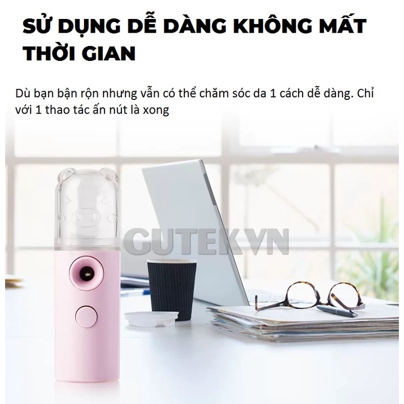 Máy phun sương tạo độ ẩm xịt khoáng mini cầm tay để bàn nhỏ gọn có đèn nhiều màu – Gutek B12
