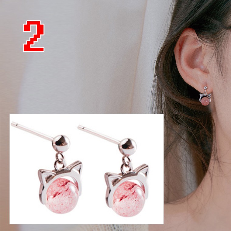 Bông Tai Mạ Bạc 925 Hình Mèo Và Dâu Tây Đính Pha Lê