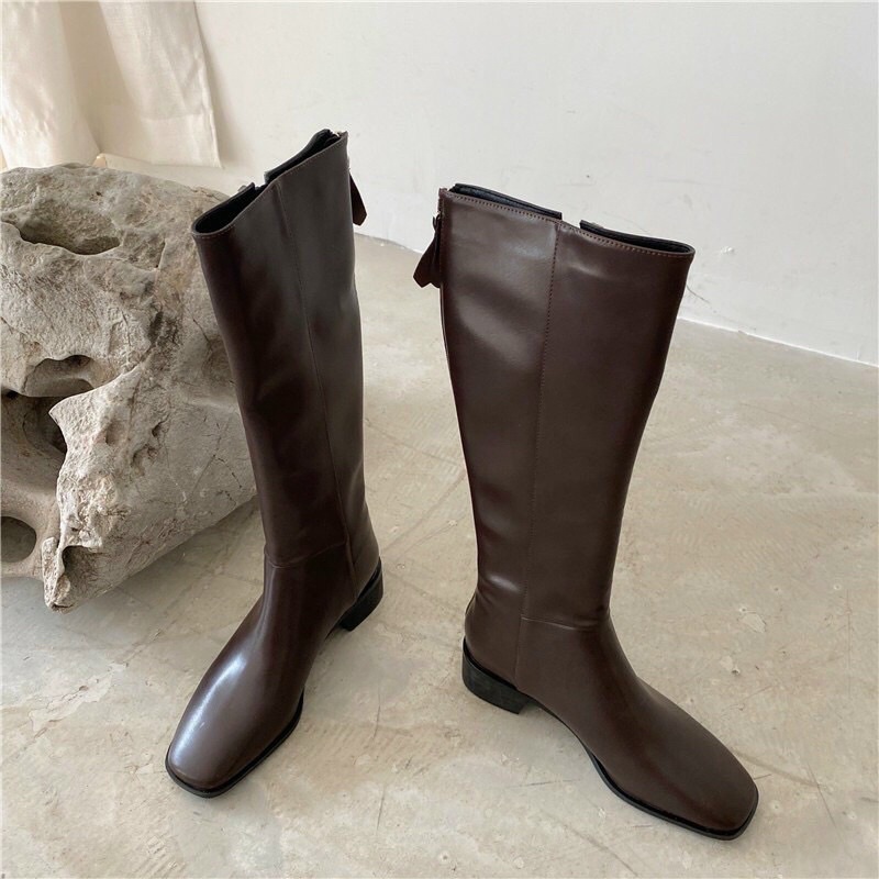 Boot đùi bốt đùi nữ da lì trơn gót vuông cao 4p chất liệu da cao cấp hàng Quảng châu