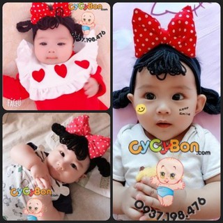 Băng Đô Cho Bé Gái Thun Đính Nơ Chấm Bi - Kèm Tóc Giả Len Thắt Bính Cuộn 2 Bên