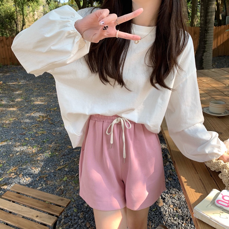 SUXI Áo Thun Tay Dài Cổ Tròn Màu Sắc Đơn Giản Thời Trang Mùa Thu Cho Nữ