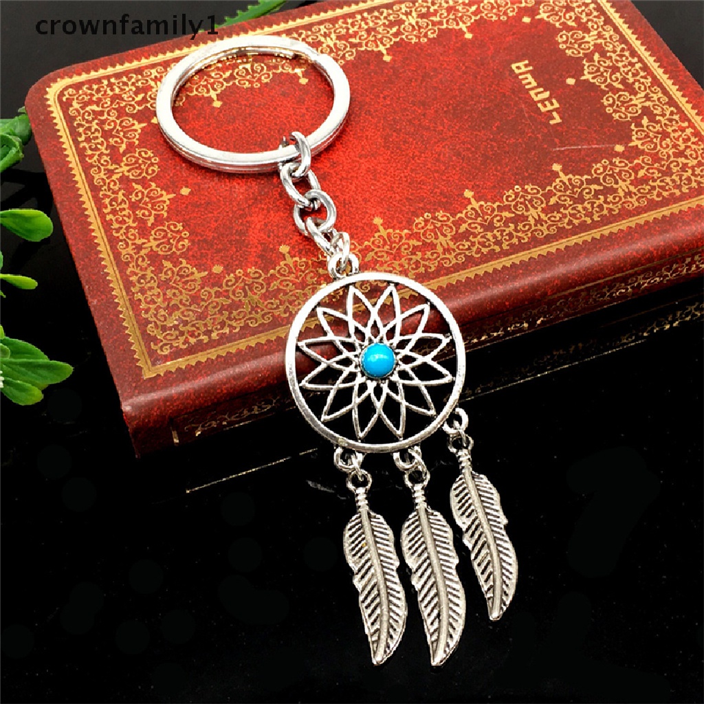 Móc khóa hình Dreamcatcher bằng kim loại màu bạc phối lông vũ kiểu mới