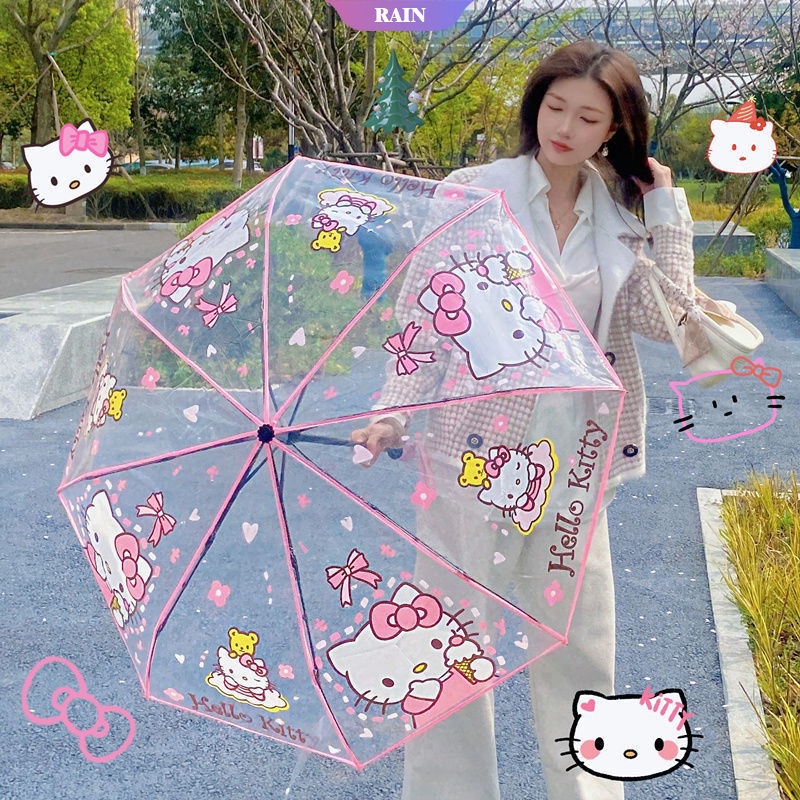 Dù Gấp Tự Động Trong Suốt Chống Gió Chống Nước In Hình Mèo Hello Kitty Dễ Thương