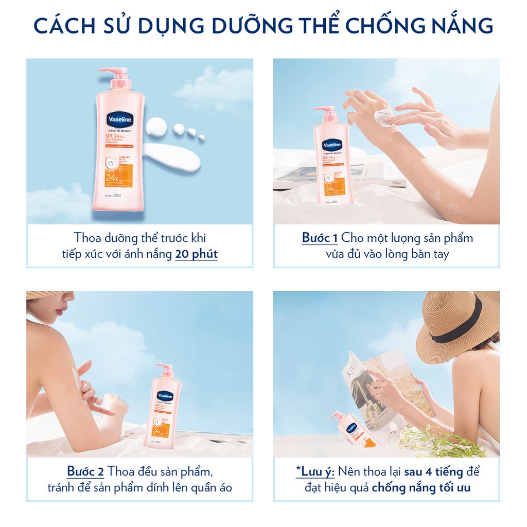 Sữa Dưỡng Thể Vaseline Dưỡng Trắng &amp; Bảo Vệ Da Trước Nắng Và Ô Nhiễm SPF 24 PA++