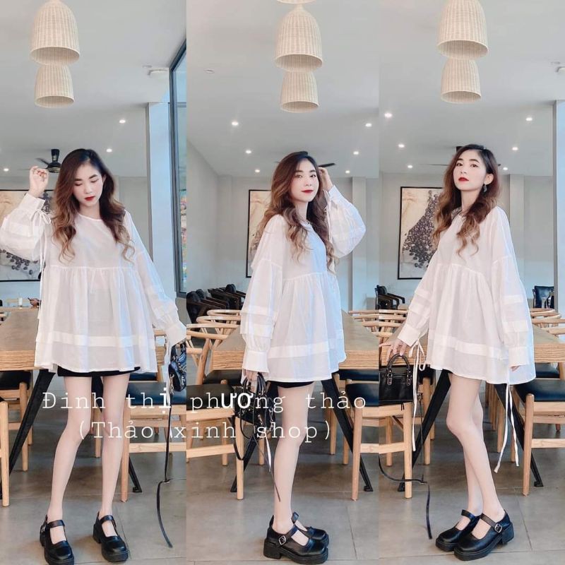 Áo sơ mi trắng babydoll tay phồng cổ vuông nút bọc thảo xinh shop