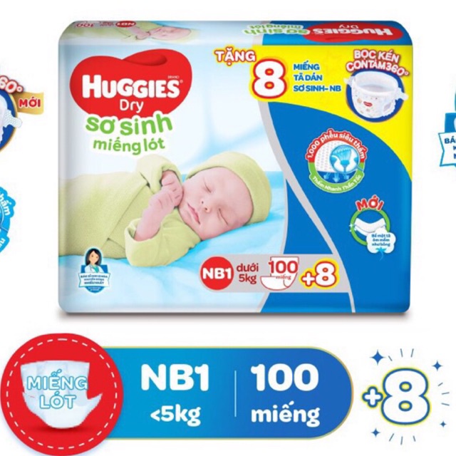 MIẾNG LÓT SƠ SINH HUGGIES DRY NB1-56 miếng NB1-100 miếng