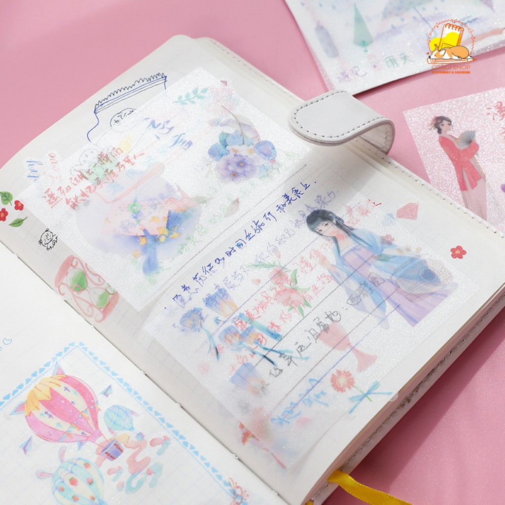 Set 4 tờ sticker dạng washi độc đáo cô gái, công chúa hoạt hình dễ thương - Corgi Shop