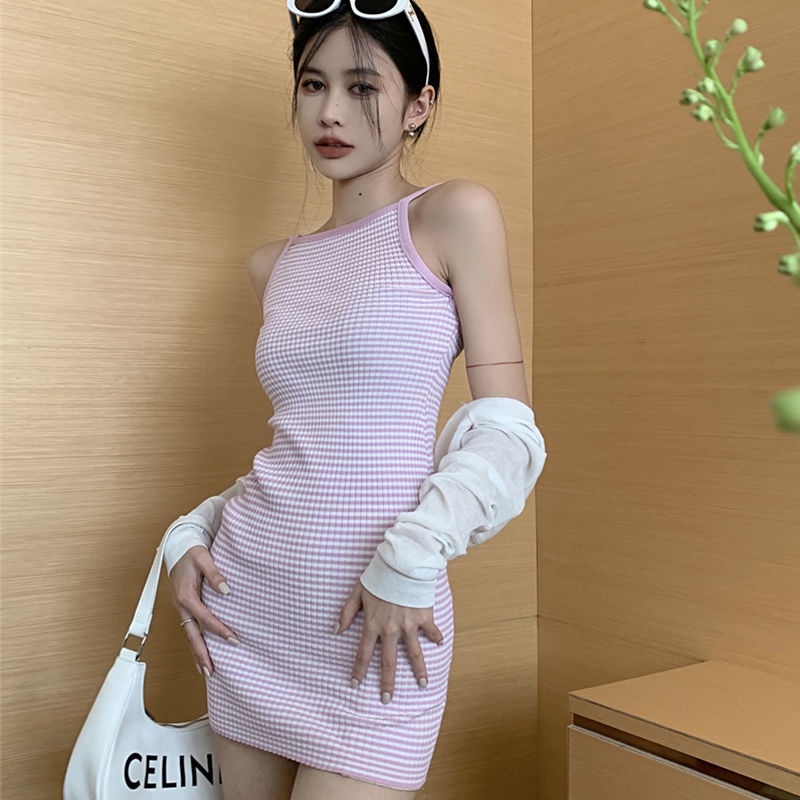 COZOK Set Đầm Sát Nách Kẻ Sọc Và Áo Khoác Cardigan Thời Trang Trẻ Trung
