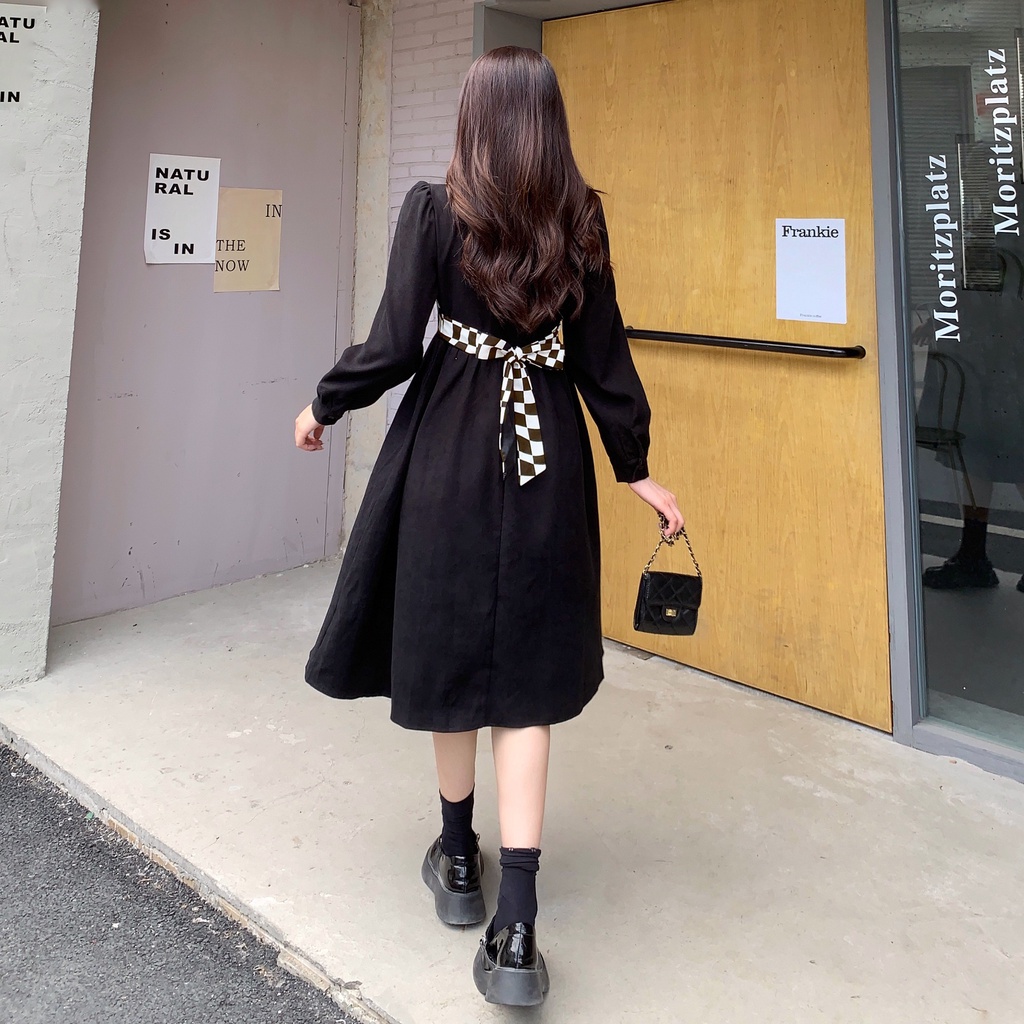 【ZHELIHANGFEI】Đầm Nữ Tay Dài Giả Hai Lớp Ôm Eo Thời Trang Thanh Lịch