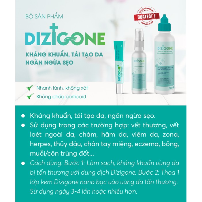 [Combo 3] Dizigone 300ml + Dizigone Spray 100ml + Kem Dizigone Nano Bạc: Kháng Khuẩn Da, Lành Vết Thương, Ngăn Ngừa Sẹo
