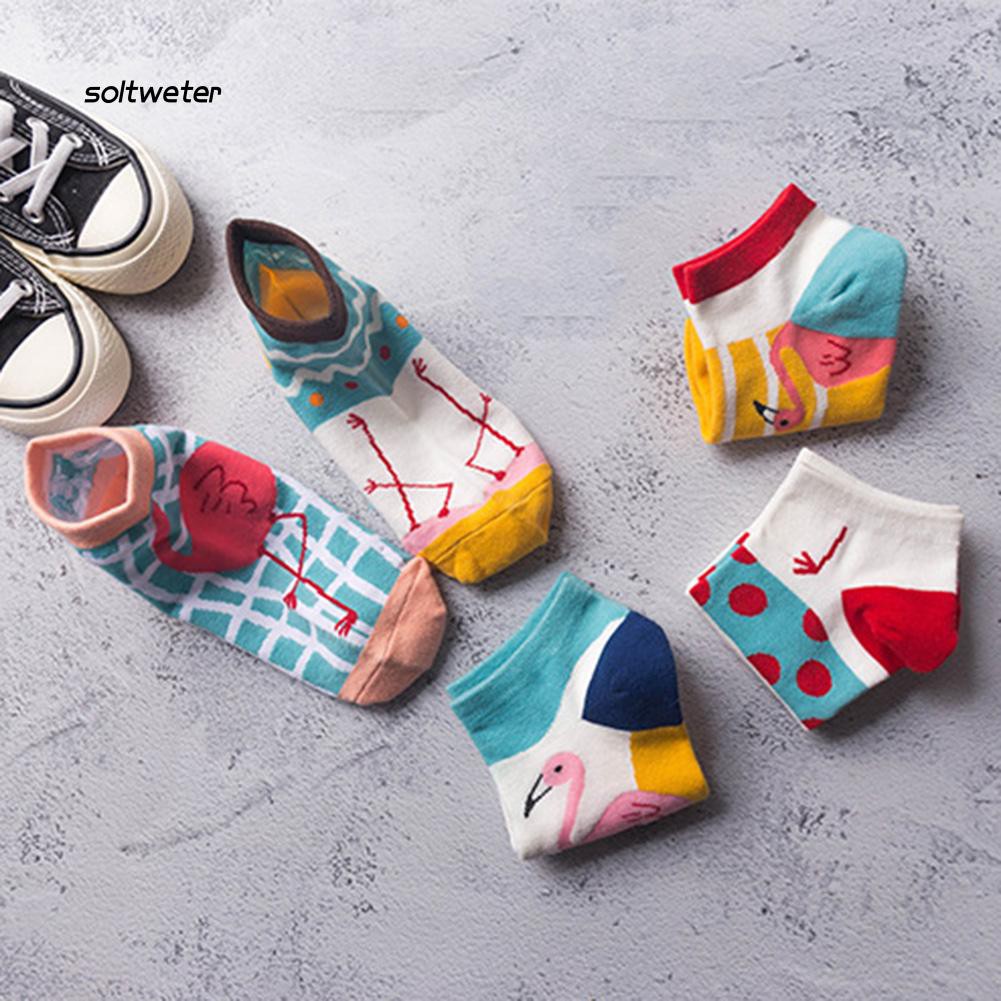 Vớ cotton thấp cổ họa tiết chim hồng hạc xinh xắn dành cho nữ