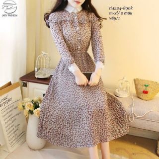 Đầm xòe hoa dập ly cổ bèo