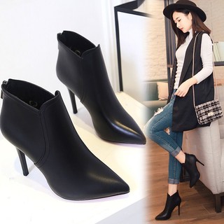 Giày Bốt Cao Gót Da PU Mũi Nhọn Thời Trang Thu Đông 2023 Cho Nữ