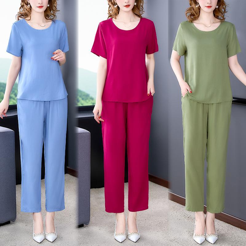 ❈Mẹ trung niên và cao tuổi phù hợp với lụa cotton thời trang của phụ nữ áo khoác ngoài mùa hè bộ đồ ngủ hai mảnh cotton